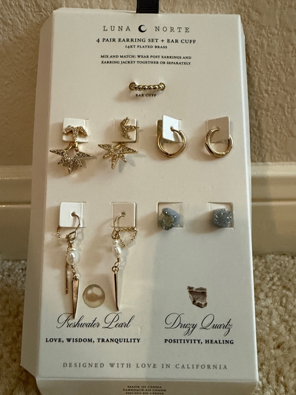 Luna Norte Gold Freshwater Pearl & Gray Druzy Earring Set